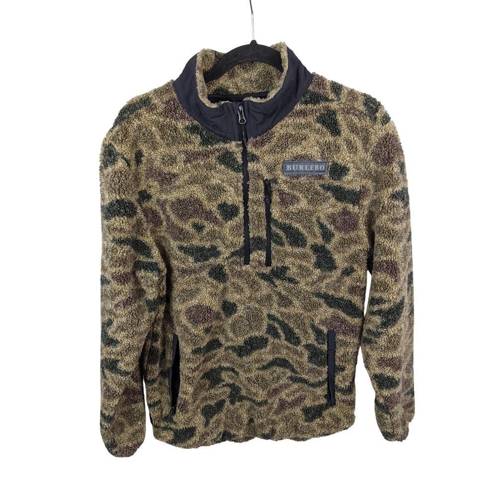 Burlebo Mens Camo Sherpa Fleece Quarter Zip Pullover Jacket Brown Green Size M